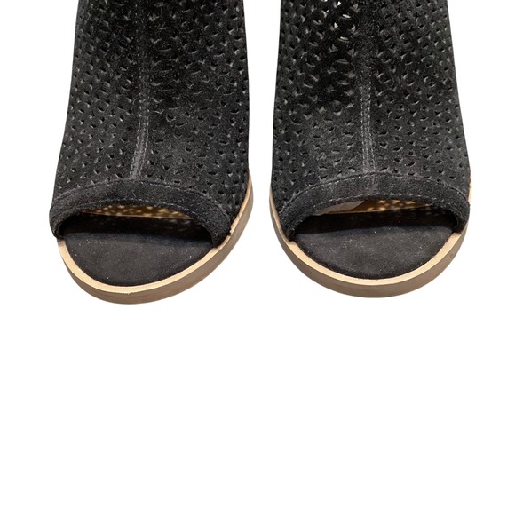 Lucky Brand Livey Black Suede Perforated Open Toe Block Heel Booties 8M Boho EUC - Picture 5 of 9